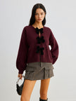 Knit Sweater Women Velvet Bow Puff Sleeve Relaxed Fit Winter