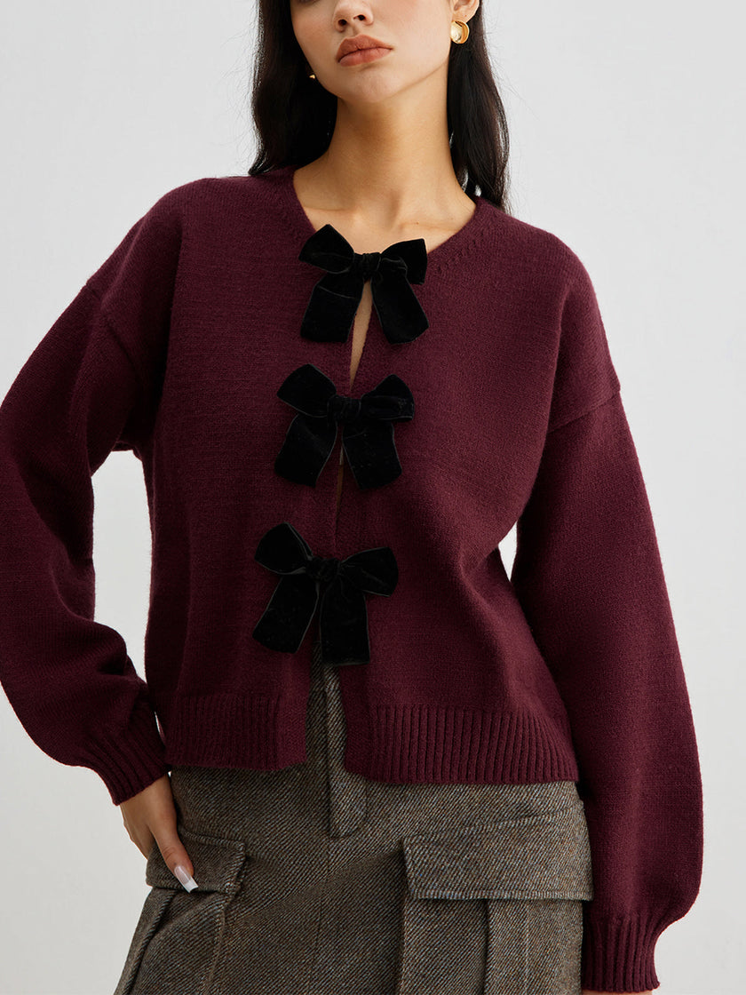 Knit Sweater Women Velvet Bow Puff Sleeve Relaxed Fit Winter