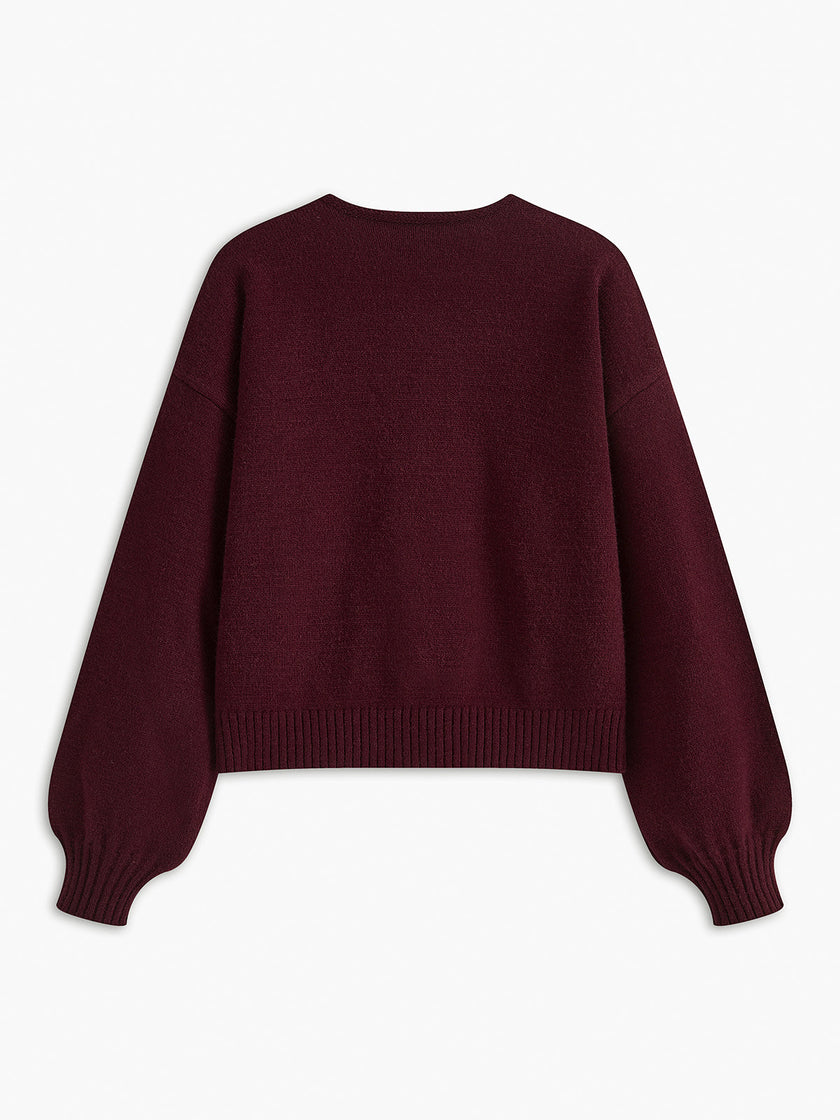 Knit Sweater Women Velvet Bow Puff Sleeve Relaxed Fit Winter
