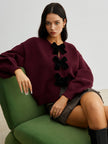 Knit Sweater Women Velvet Bow Puff Sleeve Relaxed Fit Winter
