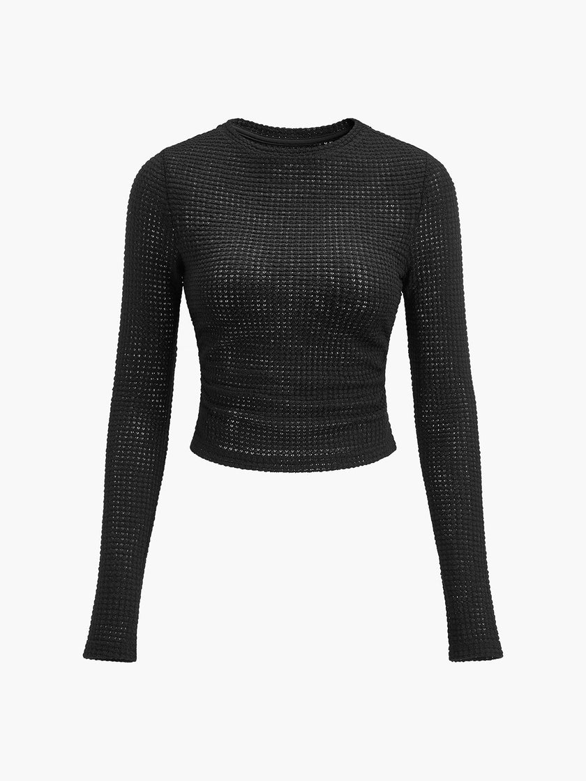 Waffle Knit Top Women Slim Fit Crew Neck Long Sleeve