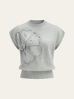 Knit Top Women Cap Sleeve Floral Appliqué Crew Neck