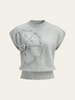 Knit Top Women Cap Sleeve Floral Appliqué Crew Neck