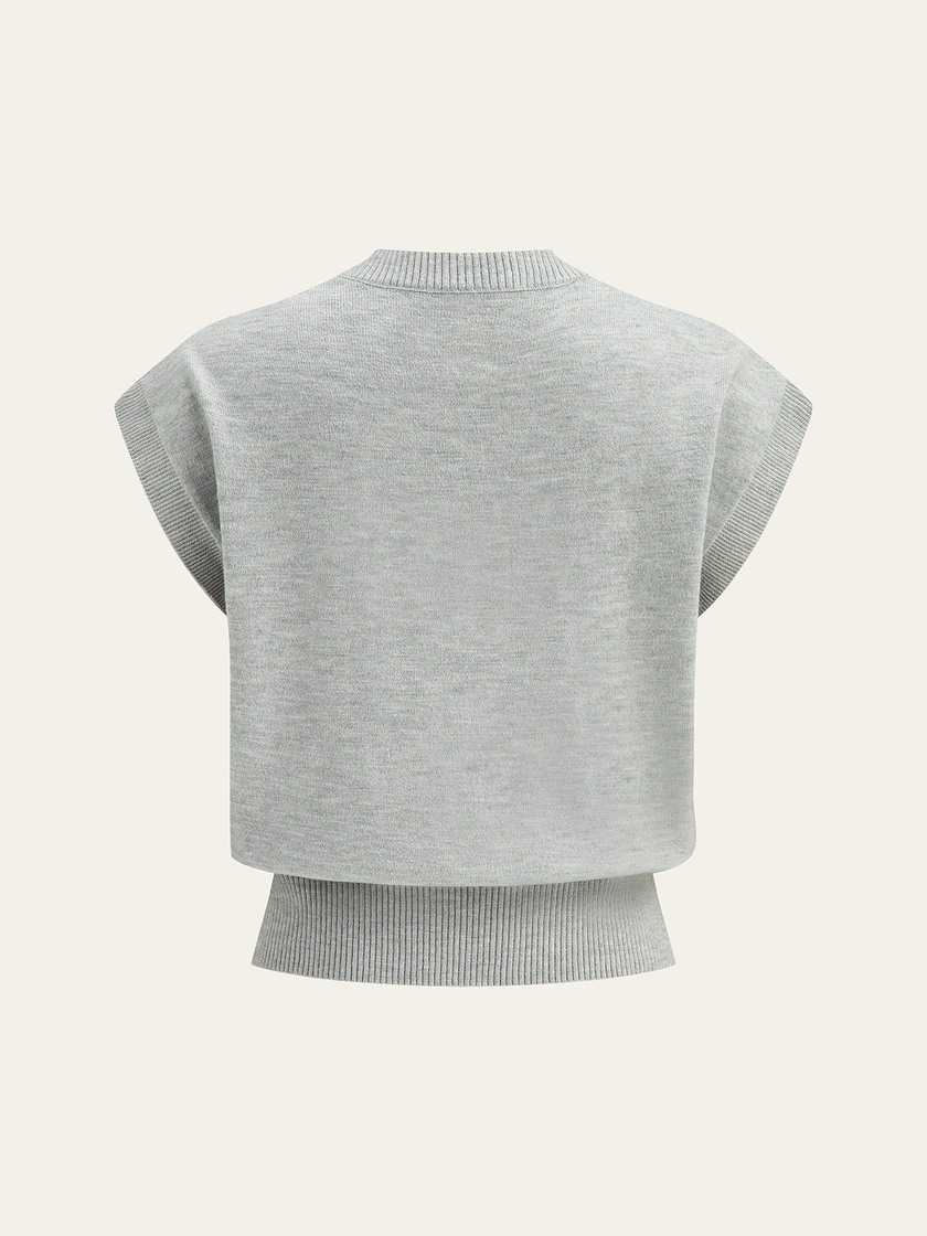 Knit Top Women Cap Sleeve Floral Appliqué Crew Neck