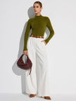 Wool Blend Knit Top Women Ribbed Mock Neck Long Sleeve