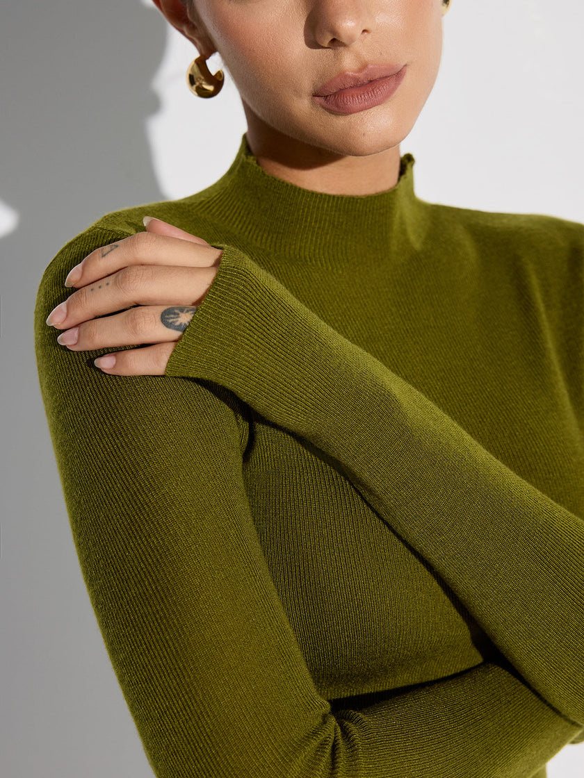 Wool Blend Knit Top Women Ribbed Mock Neck Long Sleeve