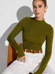 Wool Blend Knit Top Women Ribbed Mock Neck Long Sleeve