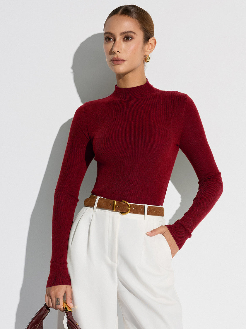 Wool Blend Knit Top Women Ribbed Mock Neck Long Sleeve