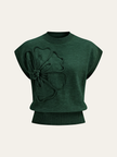 Knit Top Women Cap Sleeve Floral Appliqué Crew Neck