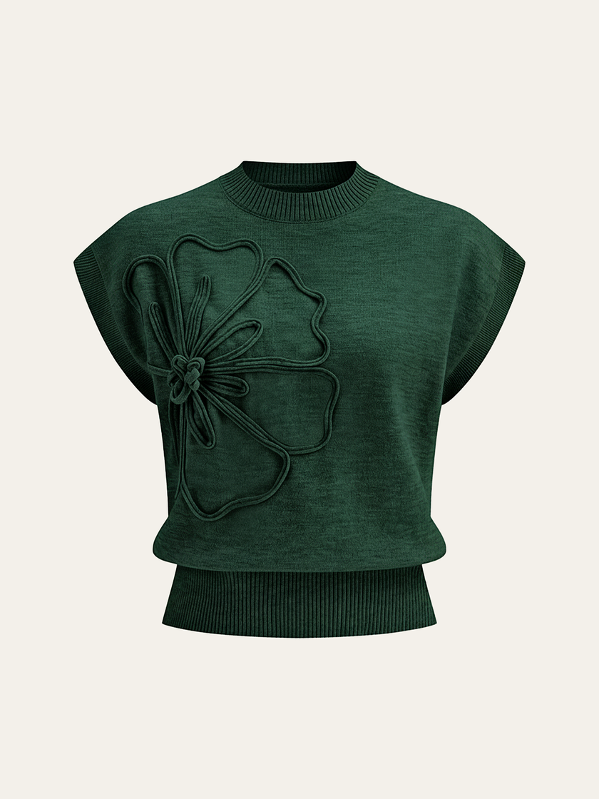 Knit Top Women Cap Sleeve Floral Appliqué Crew Neck