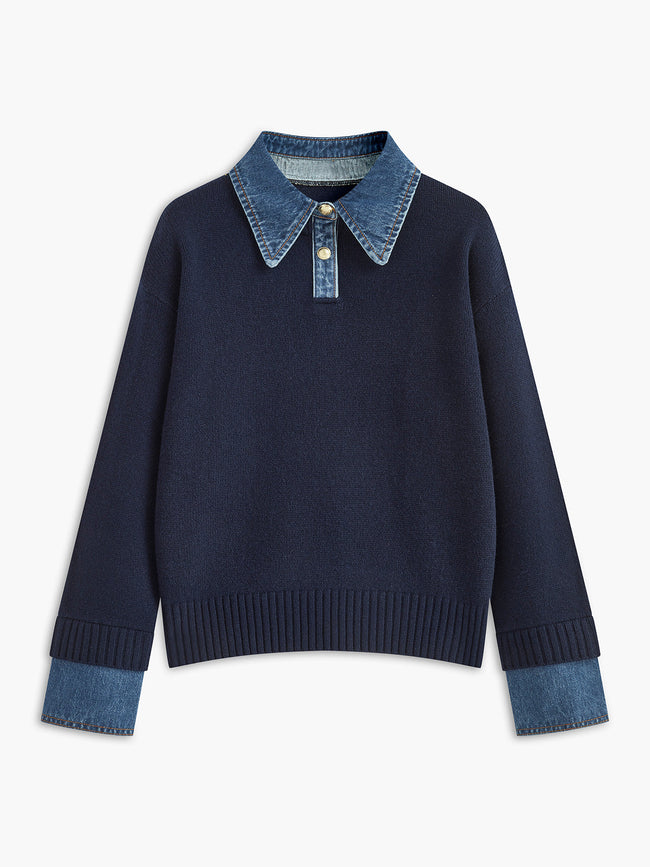 Collared Knit Sweater Women Shirt Collar Long Sleeve