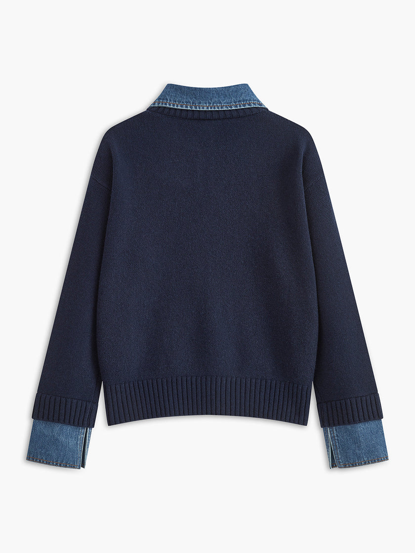 Knit Sweater Women Lapel Neck Layered Panel Long Sleeve