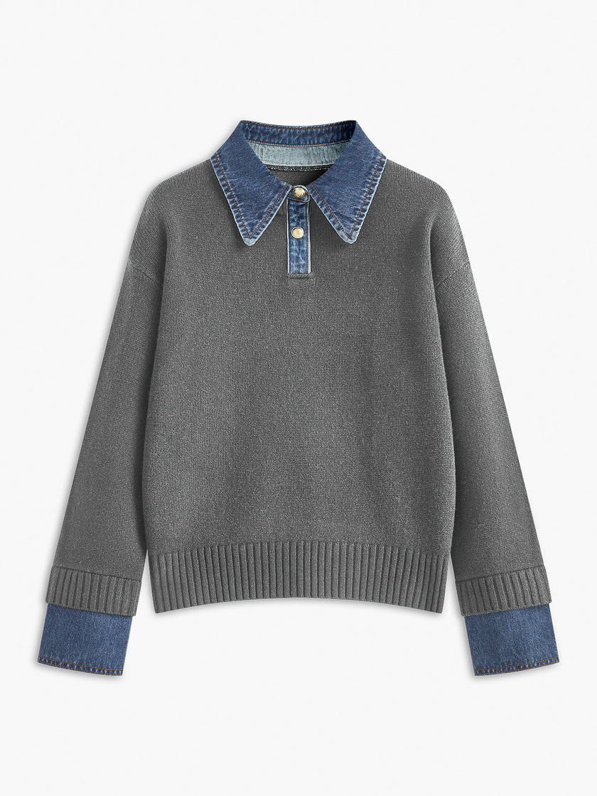 Collared Knit Sweater Women Shirt Collar Long Sleeve