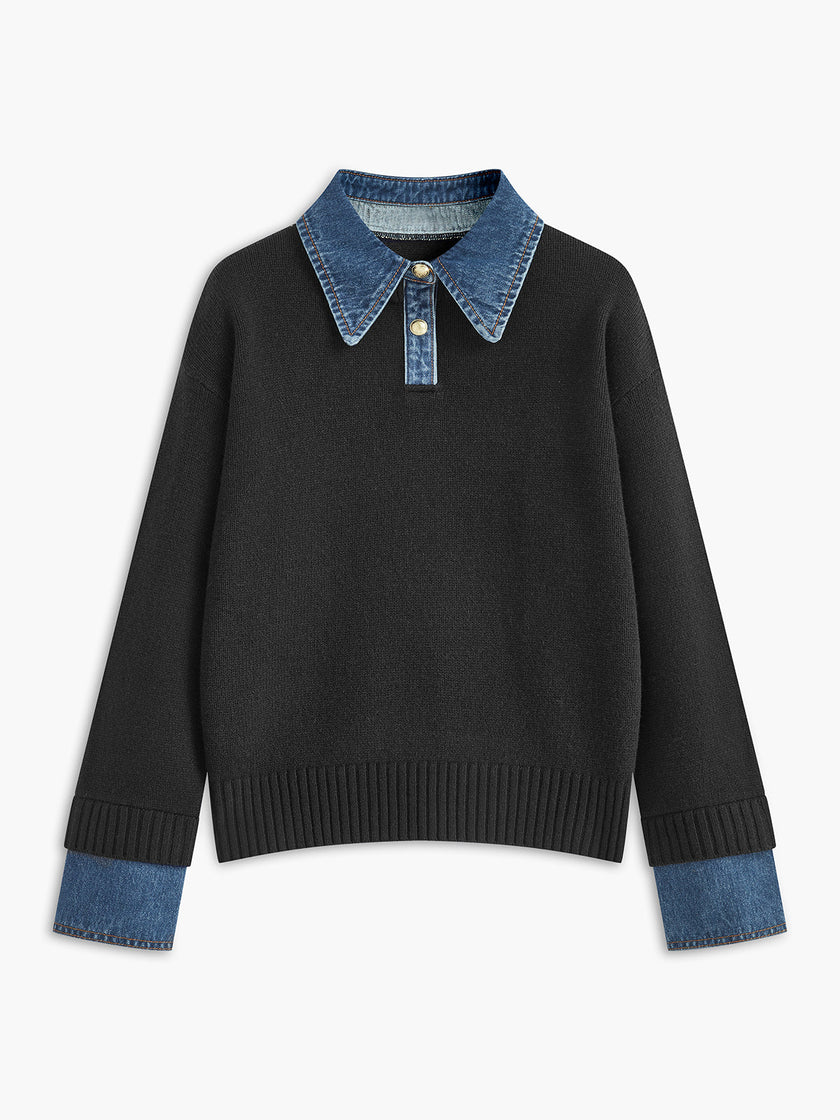 Knit Sweater Women Lapel Neck Layered Panel Long Sleeve