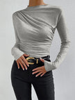 Fitted Top Women Long Sleeve Ruched Slim Fit Round Neck