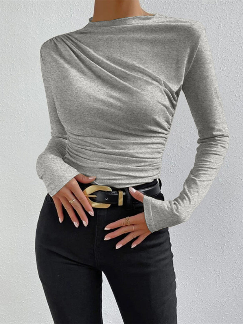 Fitted Top Women Long Sleeve Ruched Slim Fit Round Neck