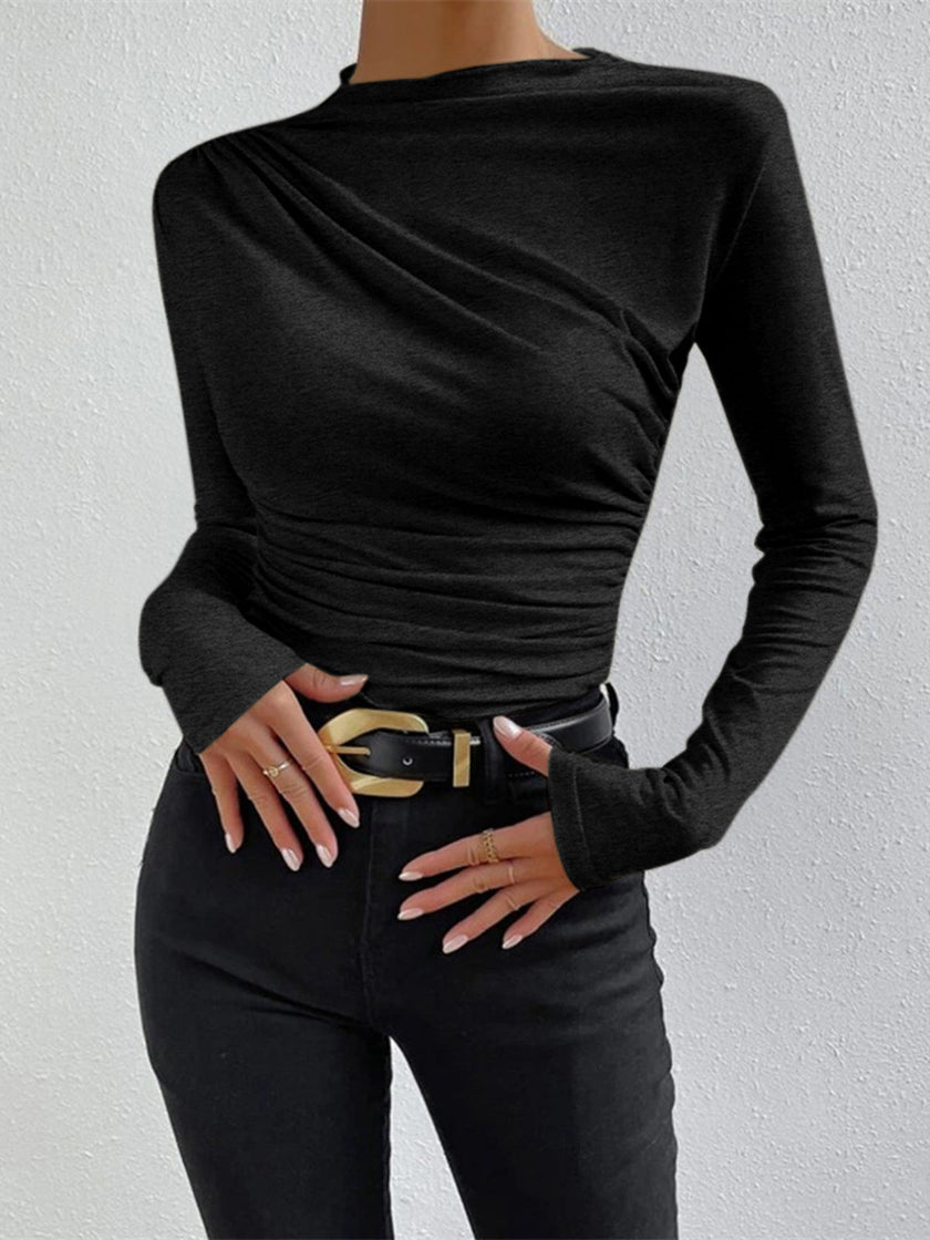Fitted Top Women Long Sleeve Ruched Slim Fit Round Neck