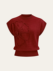 Knit Top Women Cap Sleeve Floral Appliqué Crew Neck