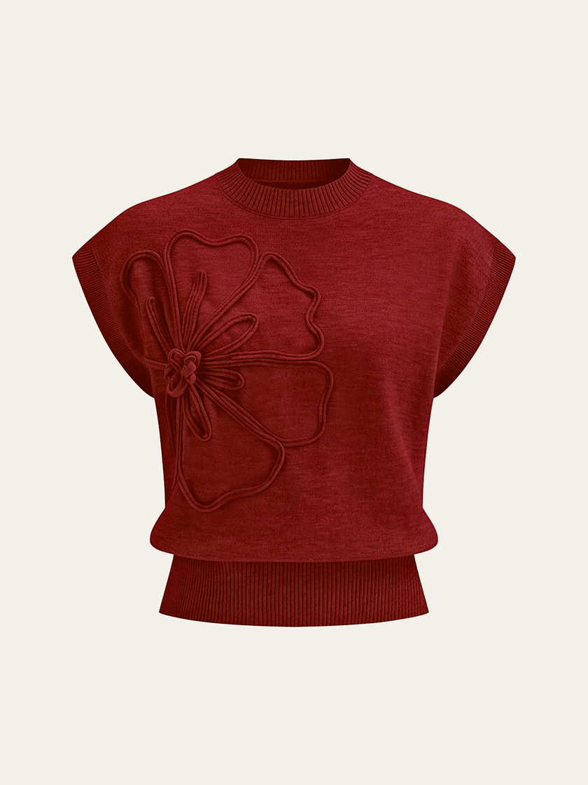 Knit Top Women Cap Sleeve Floral Appliqué Crew Neck