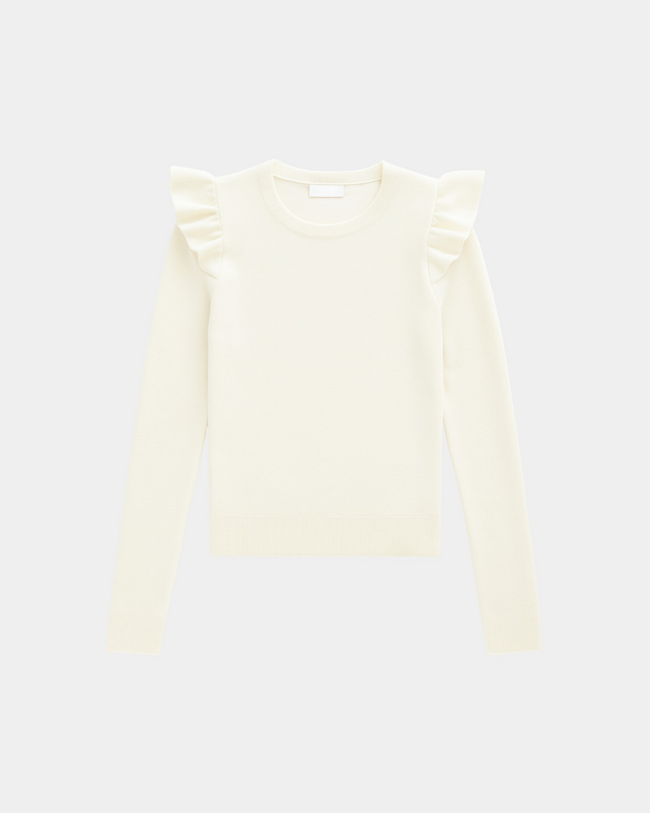 Ruffle Sleeve Knit Sweater Women Relaxed Fit Round Neck