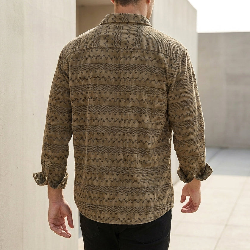 Men's FJØRNA geometric corduroy relaxed button-front casual shirt shown from the back, featuring a stylish pattern and relaxed fit.