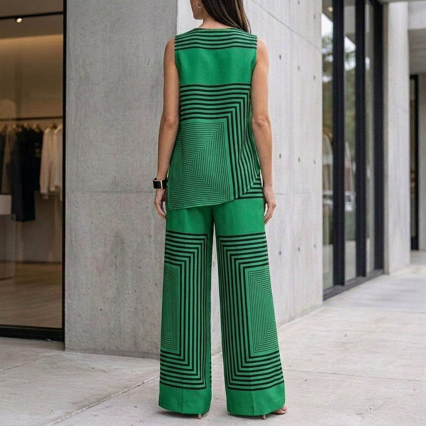 FJØRNA women's summer two-piece striped co-ord set with pockets, shown from the back, casual and stylish for warm weather.