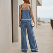 FJØRNA women's summer two-piece striped co-ord set with wide-leg pants, shown from the back.