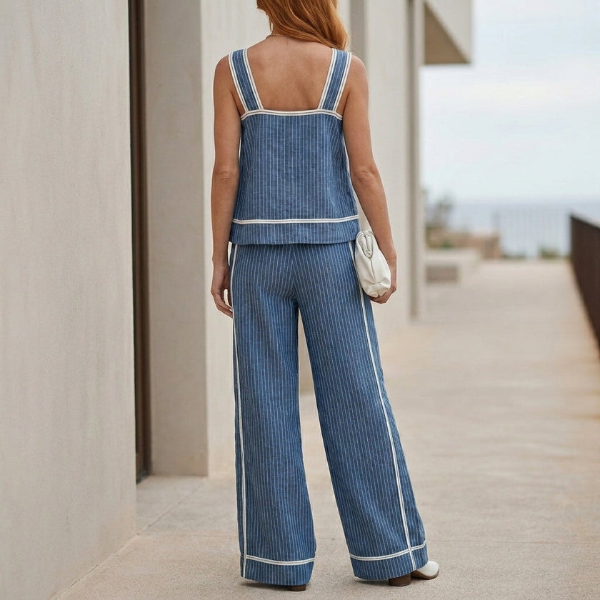 FJØRNA women's summer two-piece striped co-ord set with wide-leg pants, shown from the back.