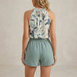 FJØRNA elegant two-piece tropical high waist co-ord set for women, shown from the back, featuring a stylish and comfortable design.