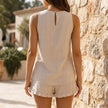Elegant women's two-piece lace ruffle co-ord set by FJØRNA, featuring a stylish back view with intricate lace details.