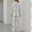 FJØRNA women's summer two-piece set with printed fabric and button-front design, shown from the back.