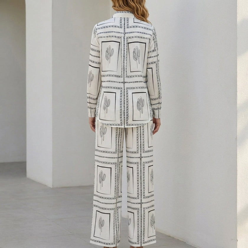 FJØRNA women's summer two-piece set with printed fabric and button-front design, shown from the back.