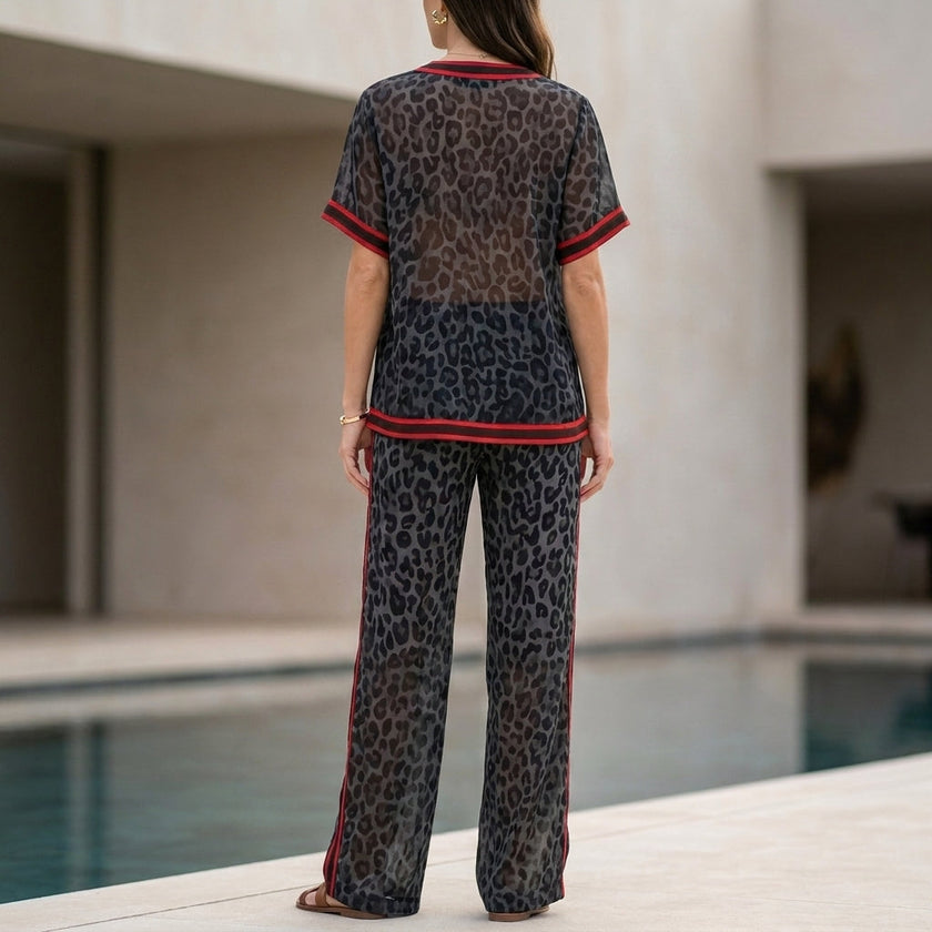 FJØRNA women's chiffon leopard two-piece set with back view, stylish co-ord ensemble for elegant fashion.