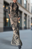 White Baddie Tattoo Maxi Dress by FJØRNA, featuring a sleek, fitted design with tattoo-inspired patterns, shown on a model.