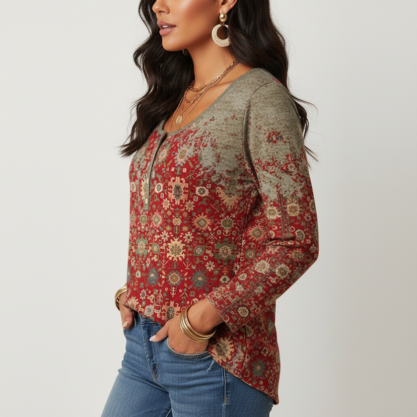 Printed Top Women Long Sleeve Fitted Warm Tone Print