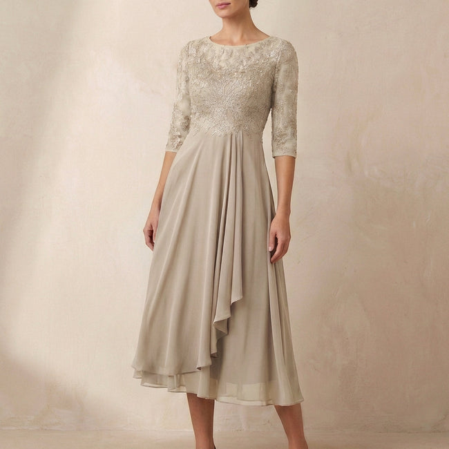 Beige FJØRNA elegant midi bodycon chiffon dress for women, featuring a fitted silhouette and flowing fabric.