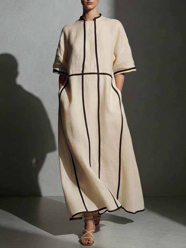 Beige linen maxi dress for women by FJØRNA, flowing long dress with sleeveless design and relaxed fit, perfect for summer wear.