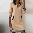 Beige FJØRNA long sleeve cotton dress, available in mini, midi, and maxi lengths, shown on a model.