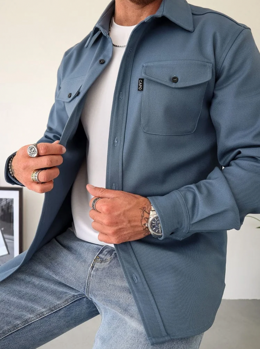 Overshirt Men Button Front Chest Pockets Classic Collar