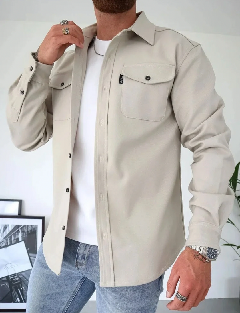 Overshirt Men Button Front Chest Pockets Classic Collar