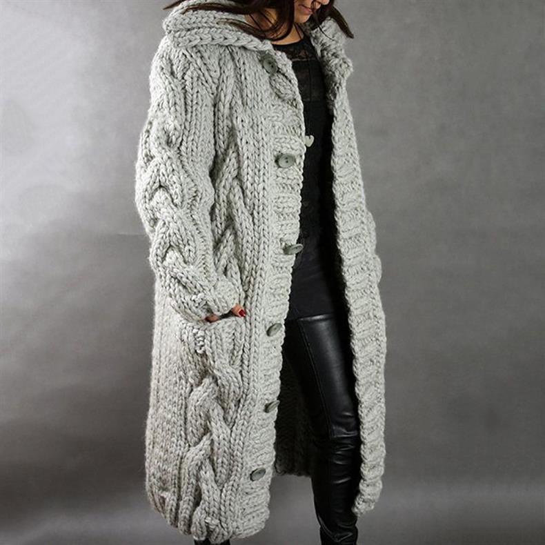 Knit Coat Women Oversized Cable-Knit Hooded Full-Length