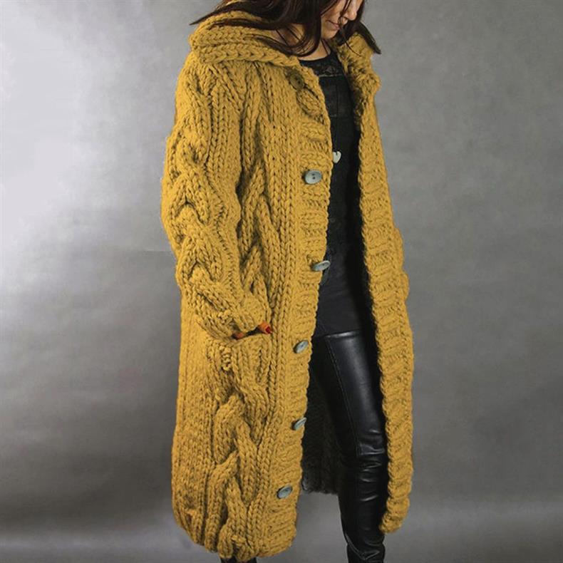 Knit Coat Women Oversized Cable-Knit Hooded Full-Length
