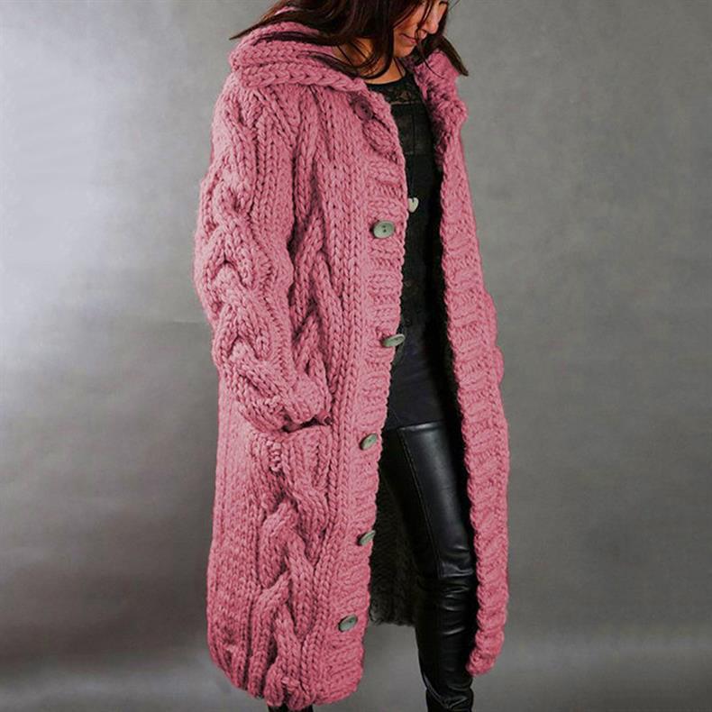 Knit Coat Women Oversized Cable-Knit Hooded Full-Length