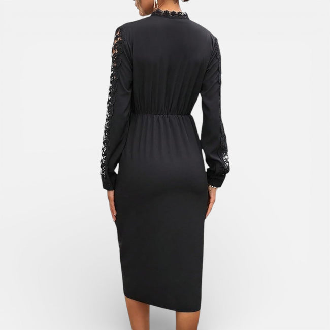 Women's black midi dress by FJØRNA with lace sleeves, elegant slim fit, perfect for formal occasions or weddings.