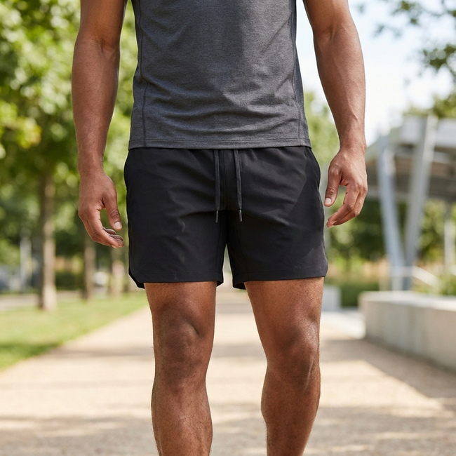 Black men's adjustable-waist woven athletic shorts with pockets, casual pants by FJØRNA, suitable for active and everyday wear.