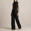 Black FJØRNA women's two-piece co-ord set with asymmetric high neck top and matching pants, stylish and elegant.