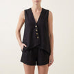 Black FJØRNA women's two-piece co-ord set with button front V-neck top and matching pants, stylish and elegant for versatile wear.