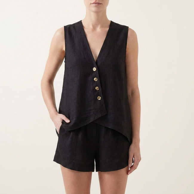 Black FJØRNA women's two-piece co-ord set with button front V-neck top and matching pants, stylish and elegant for versatile wear.