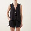 Black FJØRNA women's two-piece co-ord set with button front V-neck top and matching pants, stylish and elegant for versatile wear.