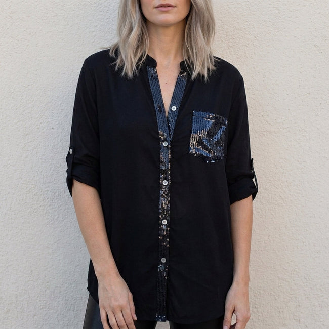 Black V-neck denim button-front summer blouse for women by FJØRNA, featuring a stylish and casual top with buttons down the front.